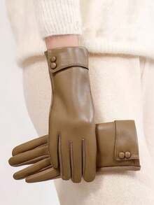 1 Pair Solid Color Casual Elegant PU Leather Buckle Women's Autumn/Winter Fashion Warm Touchscreen Gloves, Windproof Waterproof For Daily Wear All Season