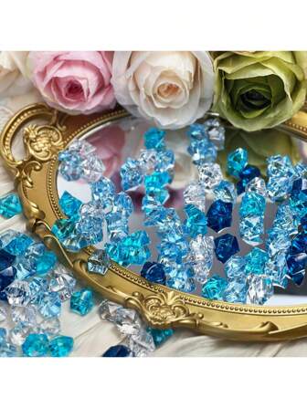 50PCS Mixed Blue Multicolored Fake Crushed Ice Rocks, Fake Diamond Plastic Ice Cubes Crystals Gems For Decoration Wedding Display Vase Fillers