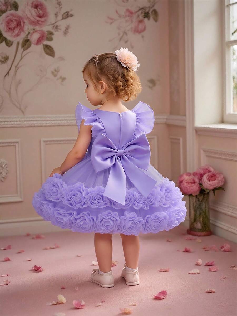Baby Girls Solid Color Floral Mesh Satin Sleeveless Elegant Flower Girl Dress For Wedding Party, Excluding Headband - Màu tím - Xem 1