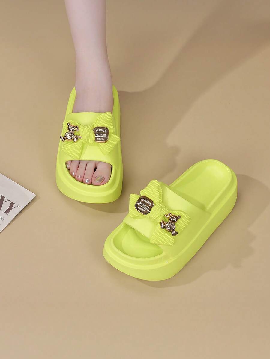 Revreal Black Platform Slides with Bow Accent可愛基本款沙灘Casual休閒Outdoor戶外 - 黃色 - 查看 1