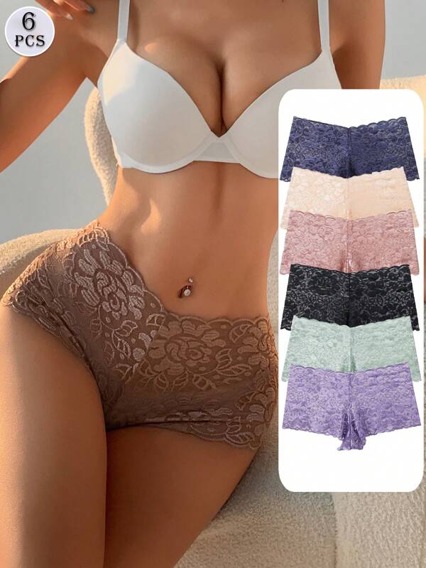 6 piezas de pantalones cortos tipo boxer de encaje sexy con diseño de empalme para mujer, de cintura alta, sin costuras, ropa interior cómoda, control de abdomen y levantamiento de glúteos, ropa interior elástica, lencería