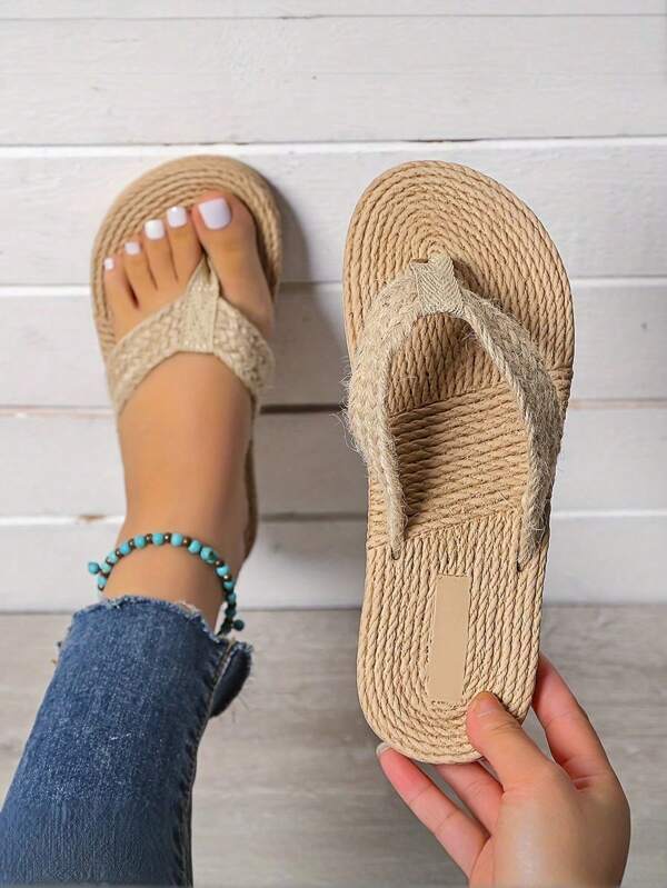 Women'S Elegant Beige Flip-Flop Sandals With Braided Strap - Non-Slip EVA Sole, Mid-Heel Platform, Summer Fashionable Outdoor Slippers, Casual Footwear Braided Sandal Elegant Footwear