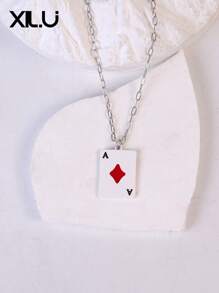1pc Poker Card & Turquoise Enamel Pendant Necklace For Women, European & American Design