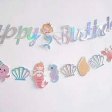 1 Piece Happy Birthday Banner - Mermaid Theme And Car Bear Paper Garland Decorations, No Electricity Required, Generally Used For Party And Home Decoration