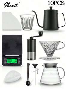 shoxil 02# Bộ dụng cụ pha cà phê thủ công - Bộ pha cà phê hoàn chỉnh 4/6/8/10/12 món, bao gồm ấm cổ ngỗng, bình pha cà phê thủy tinh, cân điện tử, máy xay cà phê và 100 giấy lọc. - V60 Kích thước 02 - Xem 13