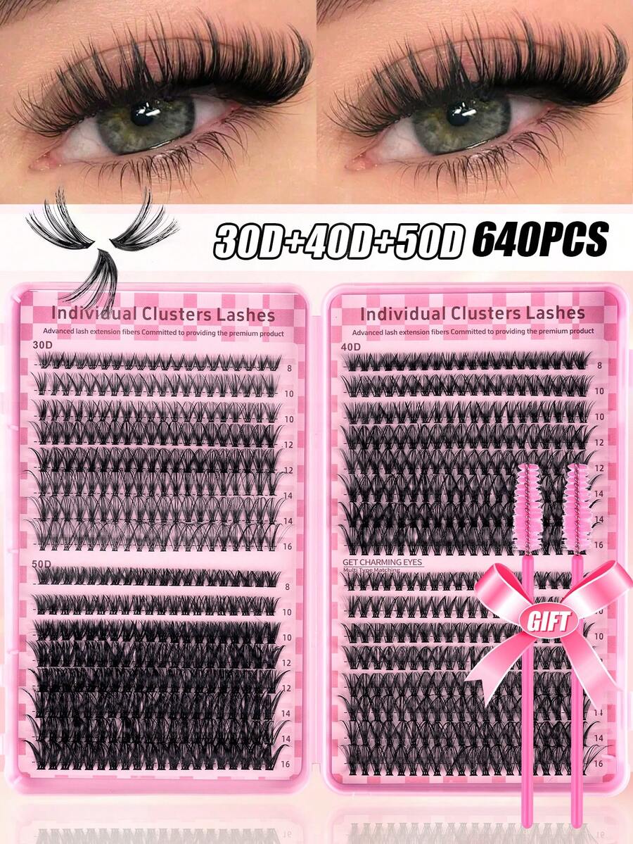 640pcs Individual Eyelash Clusters, High Capacity, 30D+40D+50D D-Curl Flare, 8-16mm, DIY Eyelash Clusters, Natural Makeup Effect, Thick & Long, Super Soft & Lightweight, Reusable, Single Strand Segmented False Eyelashes, Eyelash Extension Kit Includes Makeup Tools And 2 Eyelash Brushes, Suitable For Beginners For Home Or Outdoor Use, Applicable For Daily Life, Weddings, Parties, Music Festivals, Mother's Day And Other Occasions - 黑色 - 查看 1