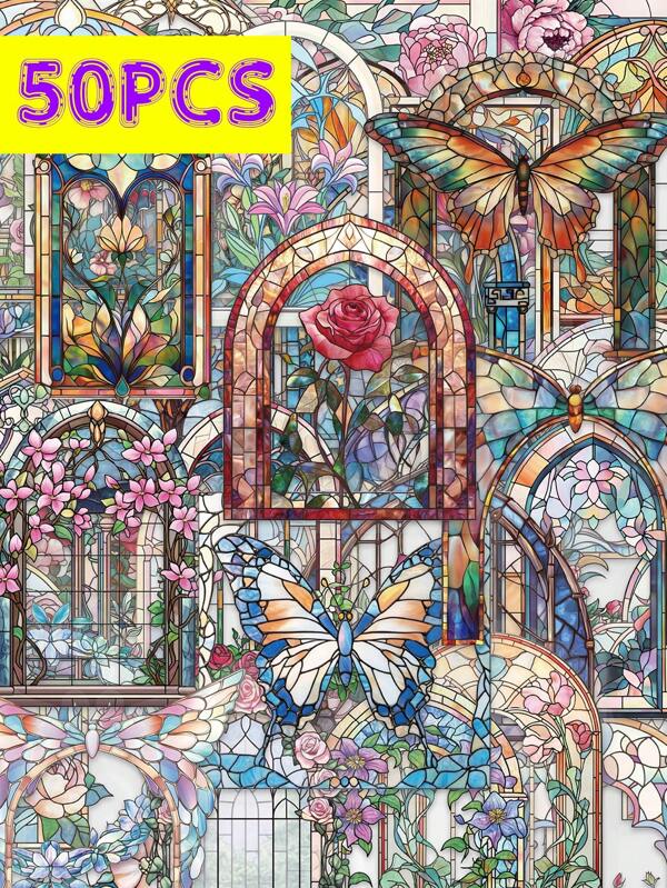 50 Stück vintage Blumen Spiegel Oberflächen Aufkleber, dekorativ für Gepäck, Skateboard, Fenster, Tagebuch, Schreibtisch, Buch, Studium, Belohnungen, Geschenke zu Feiertagen & Geburtstagen, transparente doppelseitige Aufkleber