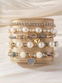 5 Stücke Set Damen Perlenarmband mit Herzanhänger, Strass-Gummiband-Armband, elegantes Perlenarmband, Alltagszubehör