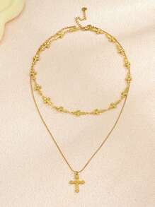 2er Set Halskette mit Edelstahl, goldplattierter Muschel, Niet Herz, Blume, Stern, Kreuz, Kunstperle, handgefertigt, für Damen geeignet für Alltag, Strand, Party, Urlaub, als Geschenk für Freunde