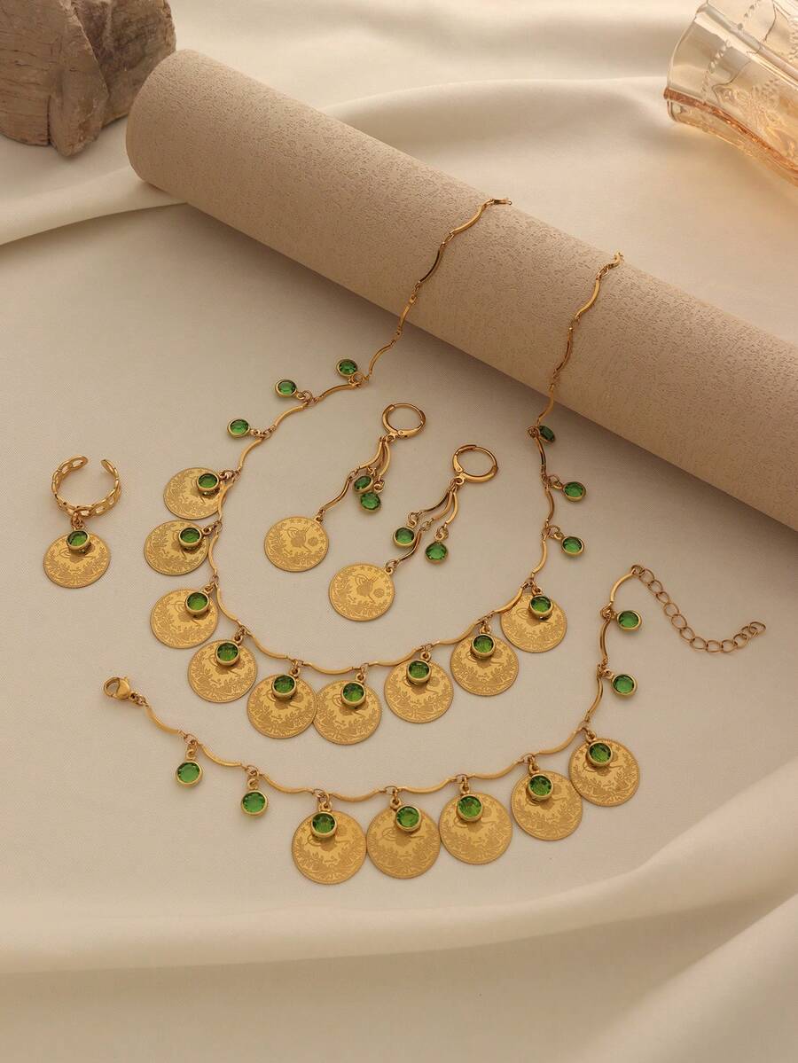 1 Set Elegant Luxurious Gold-Plated Copper Alloy Green Rhinestone Embedded Coin Tassel Necklace, Bracelet, Earrings & Ring Jewelry Set, Suitable For Women's Daily Wear And Holiday Gift - Yellow Gold - View 1