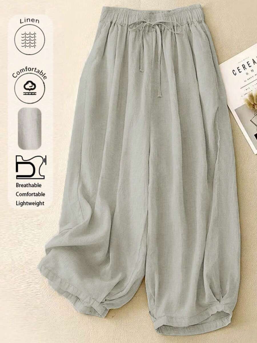 Comfortable Leisure Linen High-Waist Stretch Autumn/Summer Trousers With Draping Effect - Grey - View 1