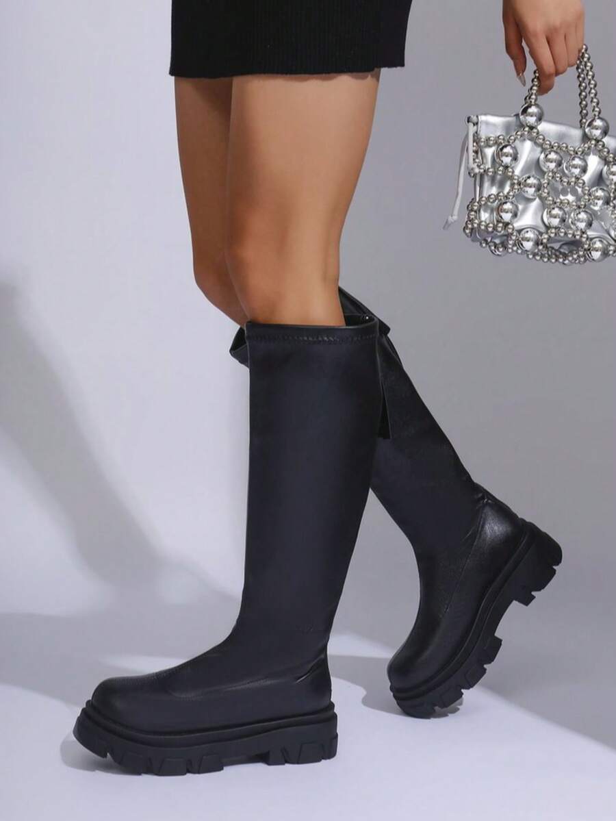 Women's Solid Color Over-The-Knee Boots With Back Zipper, Comfortable Fashion Versatile Boots For Petite - Black - View 1