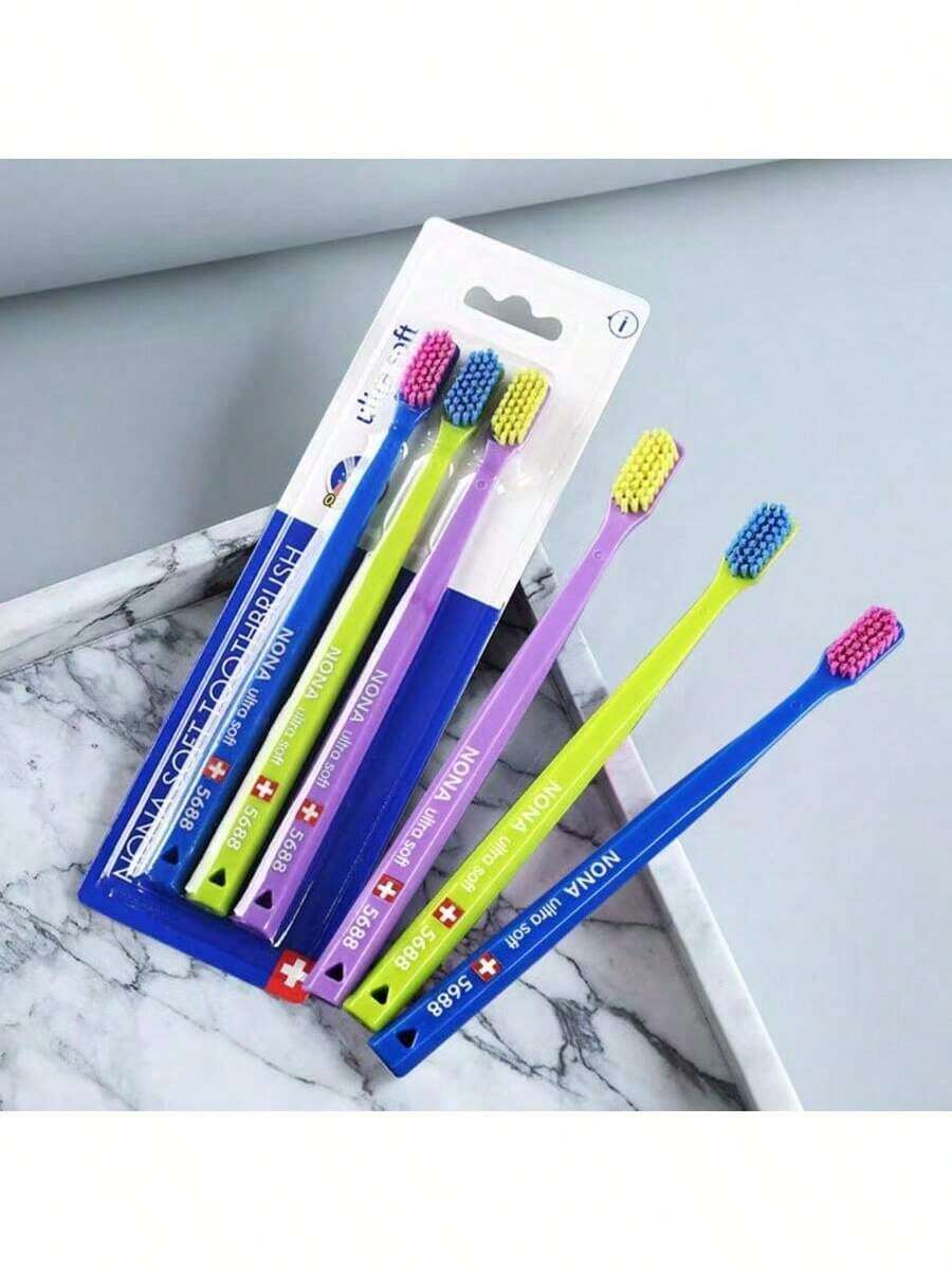 3 件随机颜色超软牙刷，带小巧刷头，无味设计，温和呵护牙龈，适合成人，男女通用 - 彩色 - 查看 1