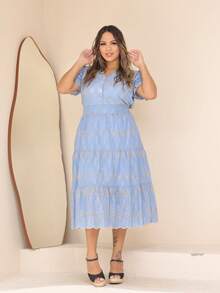 Women's Midi Dress With Embroidered Laise All-Over Print Embroidery Button Ruffles Gathered Formal And Evening - Baby Blue Two-tone - View 2