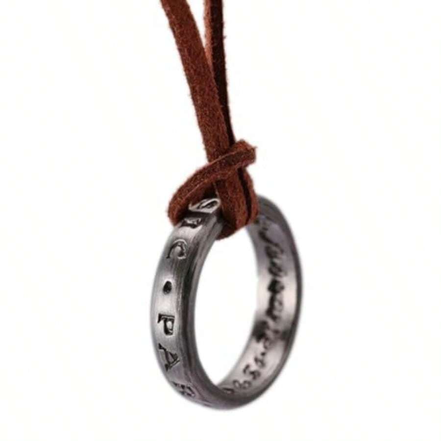 Unisex Uncharted 4 Nathan Drake Ring Pendant Necklace With Adjustable Brown Leather Chain - 如圖 - 查看 1