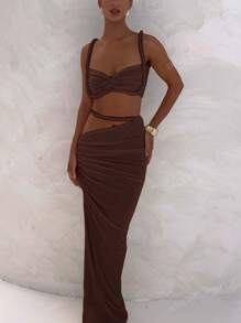 Summer Sexy Backless Camisole Vest, Hip Hugging Pleated Skirt Set