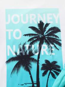 2pcs/Set Teen Boy Casual Coconut Tree Slogan Graphic Tee And Solid Shorts Set, Suitable For Vacation, All-Match Sporty, Summer