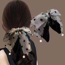 1 件波尔卡圆点优雅聚酯纤维（聚对苯二甲酸乙二醇酯）爪夹马尾夹，发爪，适合所有季节，高品质网状蝴蝶结灰色发夹，用于盘发，女士时尚发夹发饰 - 灰色 - 查看 2