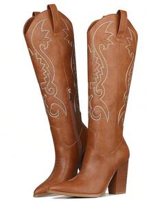 Knee High Cowboy Boots For Women Pointed Toe Chunky High Heels Pull-On Embroidered Boots Western Boots Wide Calf Cowgirl Boots - 棕色 - 查看 3