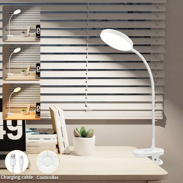 LED Clip-On Bright Desk Lamp, Flexible Charging Household Desk Lamp, 10 Levels Of Dimming Brightness +3 Color Temperatures, USB Charging, Eye Protection Reading Lamp, Special Dormitory Lamp, Portable Desk Lamp For Bedroom, Living Room, Study, Office, Bedside, Etc. (Send USB Charging Cable)
