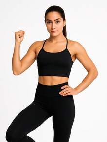 Fitness Strappy Top With Crossover At The Back, Zero Transparency Cropped Lined - Black - View 2