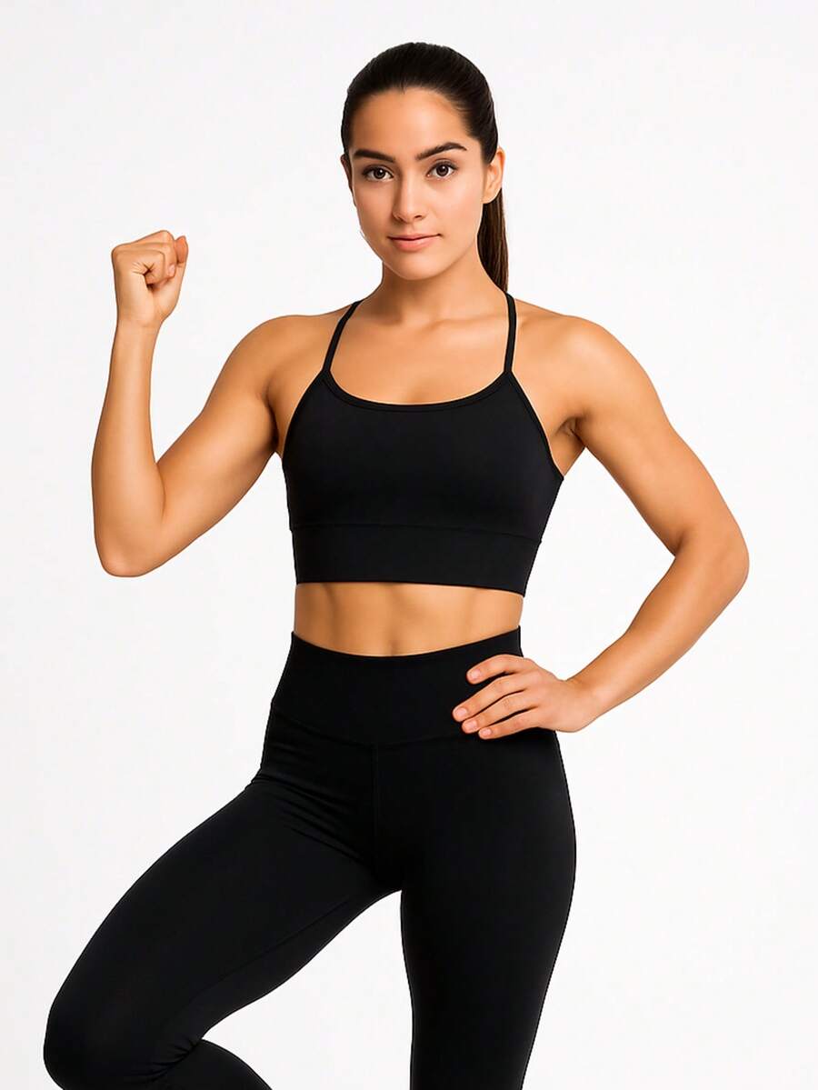 Fitness Strappy Top With Crossover At The Back, Zero Transparency Cropped Lined - Black - View 1