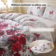 3pcs Red Rose & Butterfly Print Bedding Set, (1 Duvet Cover + 2 Pillow Shams, No Filler), Home Textile, All Season, Soft & Breathable, Washable, Simple & Elegant
