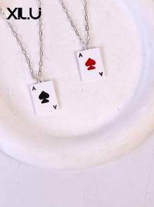 1pc Poker Card & Turquoise Enamel Pendant Necklace For Women, European & American Design