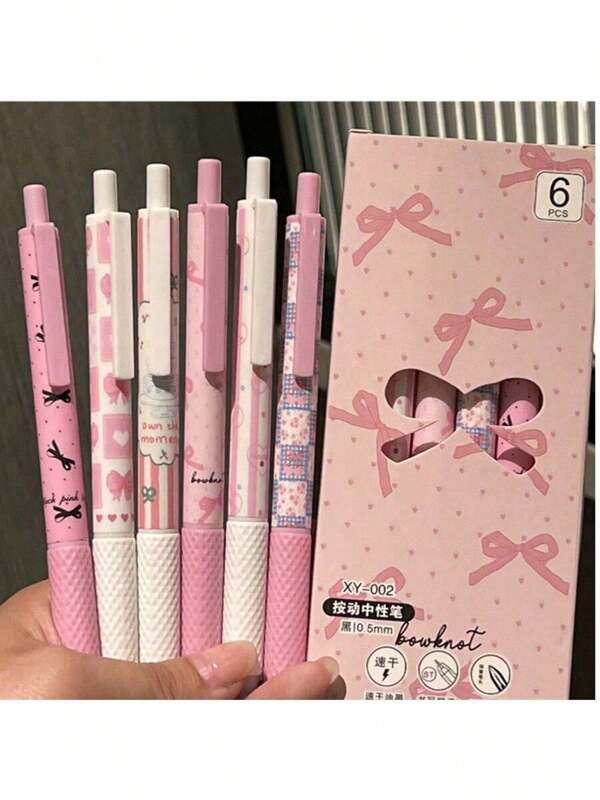 6 canetas neutras de secagem rápida com laço rosa, ponta fina de 0,5 mm, escrita suave, adequadas para material escolar e de escritório, canetas para provas com laço de bailarina, canetas neutras de secagem rápida com design feminino rosa, canetas losango - canetas de marcação estilo INS para estudantes com estilo/cor aleatórios, volta às aulas