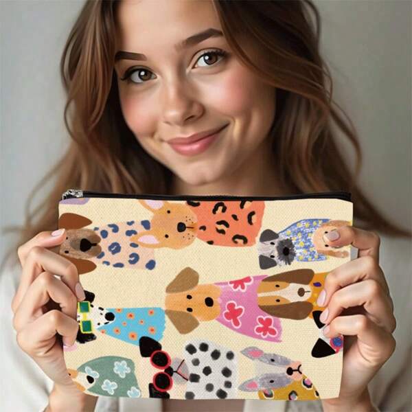 Cartoon Dog Print Canvas Cosmetic Bag – Perfect Gift For Dog-Loving Women, Sisters, Girls, And Nieces – Pet-Inspired Makeup And Travel Essentials Organizer – Ideal For Christmas, Thanksgiving, Halloween, And Birthdays