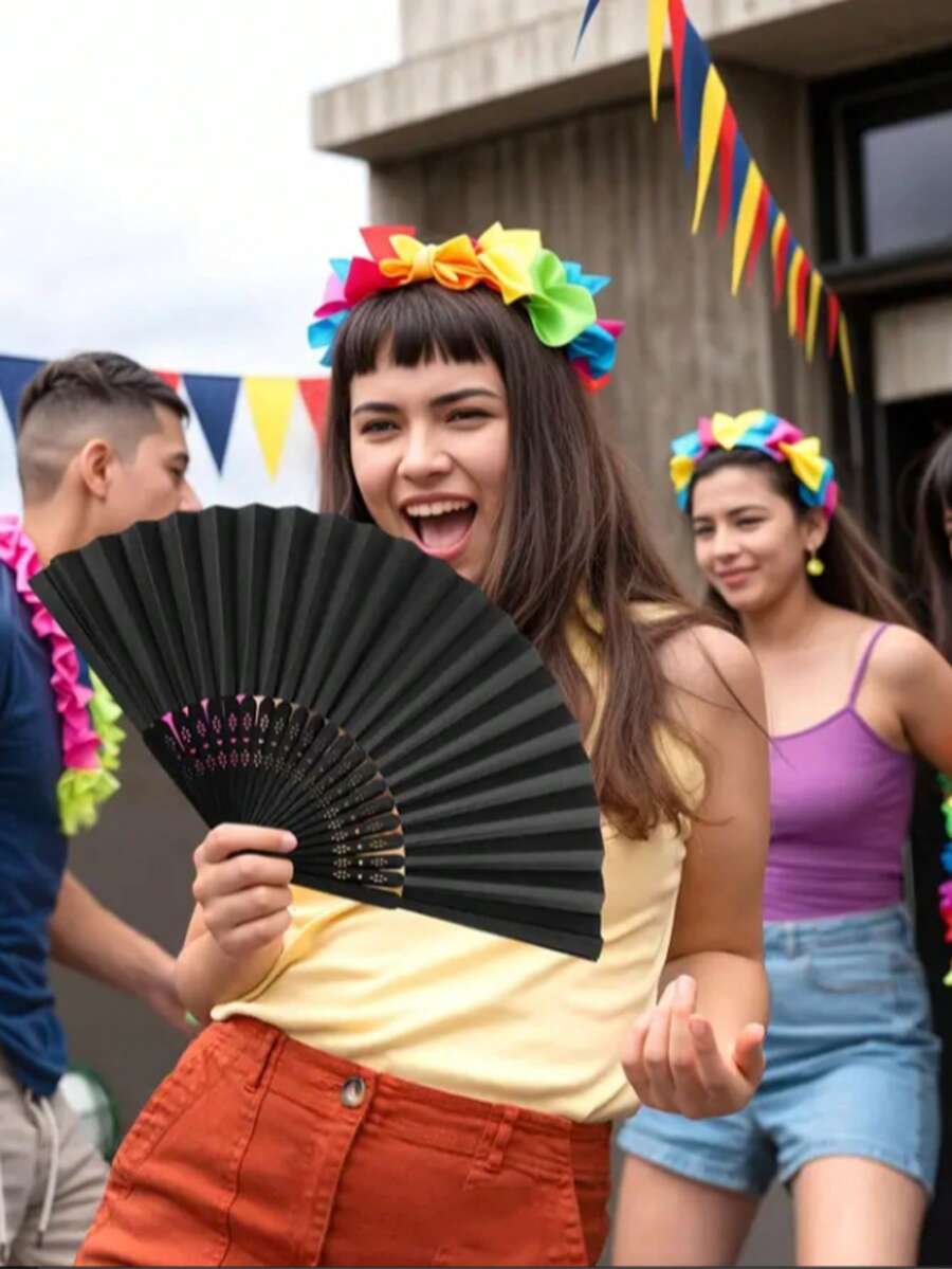 1/3/6 件可折叠装饰手扇，黑色折叠线舞流行纸扇，可手持中国风工艺品，适用于婚礼、舞会、派对礼物和 DIY 装饰 - 彩色 - 查看 1