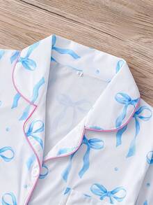 2 Pieces Women's Pajamas Set Fashion Cute Printed Comfortable Loose Collar Cardigan Short Sleeve Top   Elastic Comfortable Loose Shorts Casual Fashion Home Clothes - 藍白色 - 查看 4