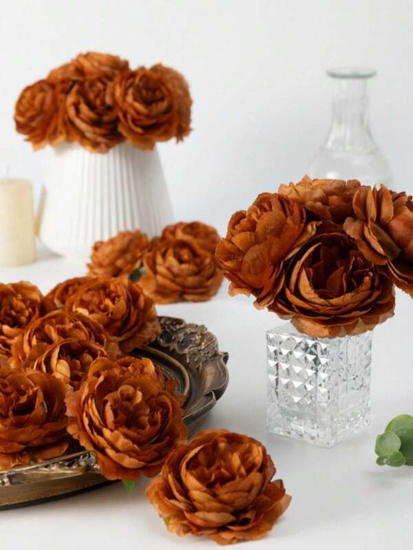 25pcs/12pcs/5pcs Artificial Brown Peony Flower Heads, Imitation Flower Silk Artificial Flower Heads, Simulation Peony For Wedding Party Decoration, Home, Living Room, Tabletop Decoration, Floral Arrangement Decoration, Farmhouse Home Bohemian Wedding Table Centerpiece, Mother's Day, Gift