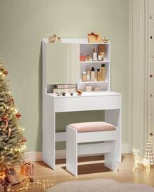 Coiffeuse, Table de Maquillage, avec Miroir, avec Placard de Rangement et tiroir, étagères réglables, Coin beauté, Style Moderne, 70 x 40 x 136 cm, Blanc - Blanc - Voir 1