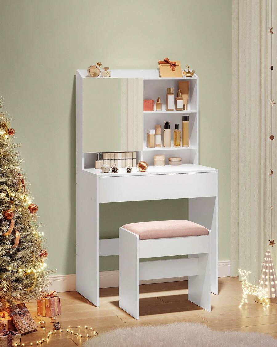 Coiffeuse, Table de Maquillage, avec Miroir, avec Placard de Rangement et tiroir, étagères réglables, Coin beauté, Style Moderne, 70 x 40 x 136 cm, Blanc - Blanc - Voir 1
