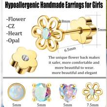 DAILI 4 pares de brincos fofos feitos à mão com a parte traseira lisa para mulheres, hipoalergênicos, em aço inoxidável, ouro 14k, opala, zircônia cúbica, flor, coração, cartilagem, brincos para pele sensível, 20g, brincos de zircônia cúbica rosa e prata