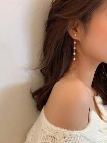 1pair White Faux Pearl Chain Design Dangle Earrings Elegant Minimalist Style Delicate Female Gift Bride Accessories Wedding Halloween