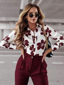Women's Commuting Floral Print Turn-Down Collar Long Sleeve Blouse For Spring & Summer - Màu Đỏ Sâu - Xem 2