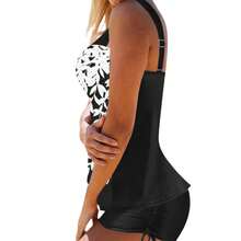 Traje de baño de verano para mujer de 2 piezas, top acolchado con estampado de hojas + shorts con cordón ajustable de color liso para niñas, 5 colores - Blanco - Ver 5