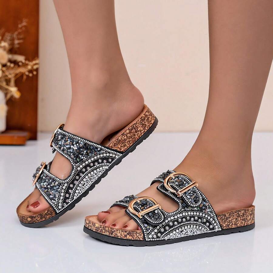 Sandalias estilo boho de corcho con doble hebilla y punta abierta para mujer en talla grande, con estilo vintage colorido para el verano, primavera y fiestas como el Día de la Madre - Negro - Ver 1