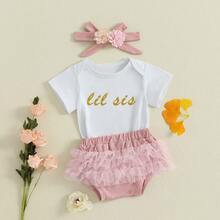 Newborn Baby Girl Lil Sis Outfit Short Sleeve Romper Tulle Pant Cute Flower Headband 3Pcs Coming Home Outfits Clothes Set - 小姐姐 - 查看 4