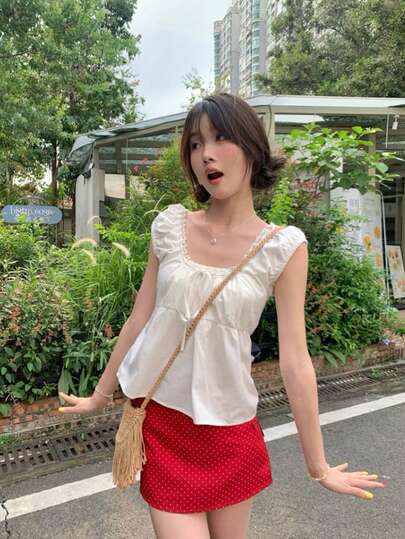 Sweet Heart Idol 全新夏季荷叶边蕾丝花边吊带背心衬衫