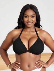 Slaydiva Summer Beach Plus Size Solid Color Textured Swimwear Top - Black - View 4
