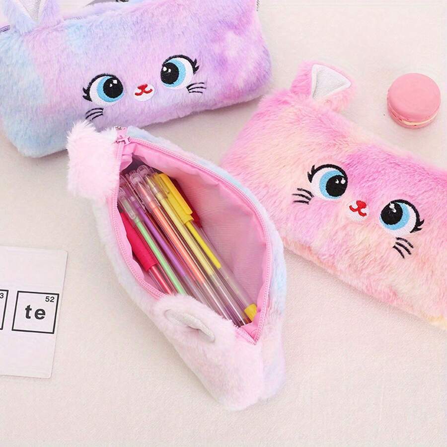 1 Peça Estojo de Lápis de Pelúcia Gato Fofo com Zíper, Bolsa de Grande Capacidade para Armazenamento de Artigos de Papelaria, Cosméticos, Escolares - Estojo de Lápis Gato Peludo Travesso, Grande Capacidade, Escolha Ideal para Presentes, Volta às Aulas, Suprimentos Escolares