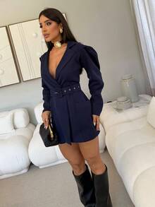 Tailored Blazer Jumpsuit Long Sleeve With Belt Elegant And Casual Social Blogger Jumpsuit Fashion Fall Winter 2024 - 藏蓝色 - 查看 2