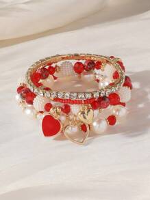 5 Stücke Set Damen Perlenarmband mit Herzanhänger, Strass-Gummiband-Armband, elegantes Perlenarmband, Alltagszubehör