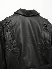 女士秋冬新款欧美风皮带皮夹克 - 黑色 - 查看 6