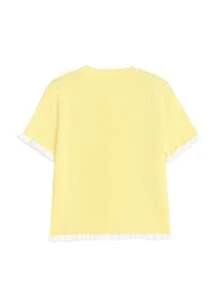 Blusa de punto de verano para mujer con diseño de botones en las orejas y el borde, en color amarillo crema. Blusa de punto elegante y casual de manga corta, adecuada para citas y uso diario.