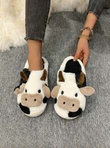 Pantuflas cálidas para el hogar de estilo de vaca para otoño e invierno, zapatos planos de suela blanda con forro de peluche, pantuflas antideslizantes para mujeres en el dormitorio