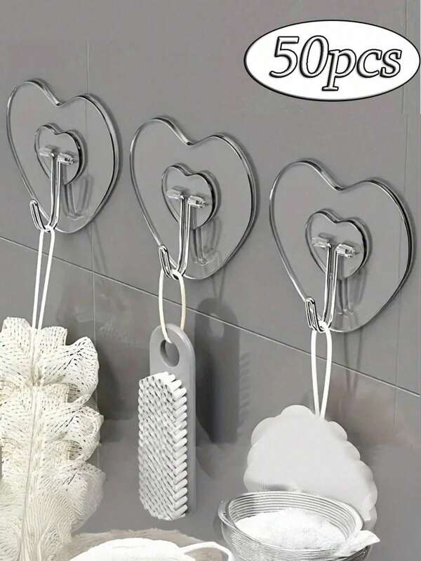 50PCS Heart Transparent Hooks Strong Self Adhesive Key Storage Hanger Multi-Function Towel Hanging Hook For Kitchen Bathroom Stor